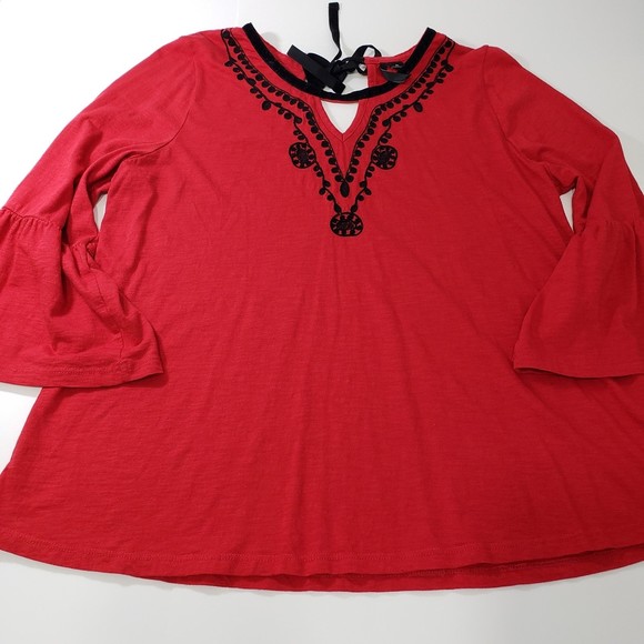 New Directions Red 3/4 Sleeve Blouse with Embroidery and Bell Sleeves, Size PL - Picture 1 of 10